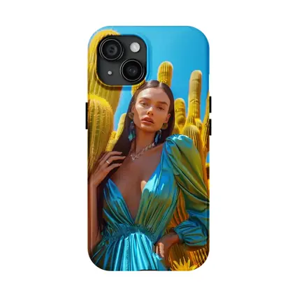 Woman Blue Satin Dress Desert Cactus
