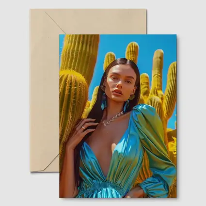 Woman Blue Satin Dress Desert Cactus