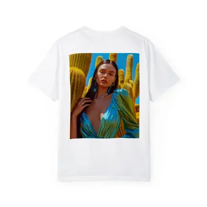 Woman Blue Satin Dress Desert Cactus