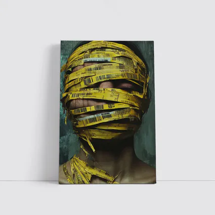 Woman Face Wrapped Yellow Barcode Tape Art