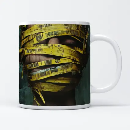 Woman Face Wrapped Yellow Barcode Tape Art