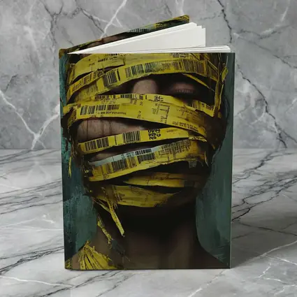Woman Face Wrapped Yellow Barcode Tape Art