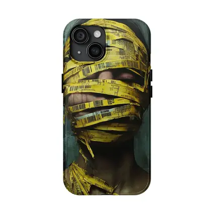 Woman Face Wrapped Yellow Barcode Tape Art