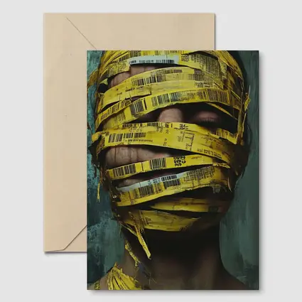 Woman Face Wrapped Yellow Barcode Tape Art