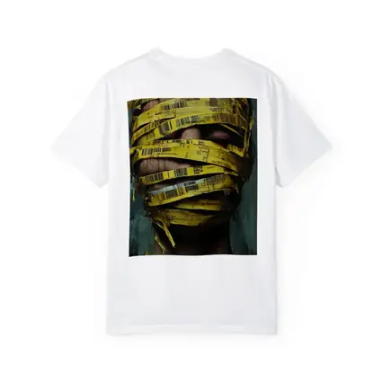 Woman Face Wrapped Yellow Barcode Tape Art