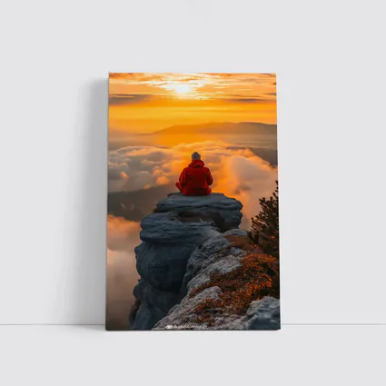 Meditating Person On Rocky Cliff Golden Sunset