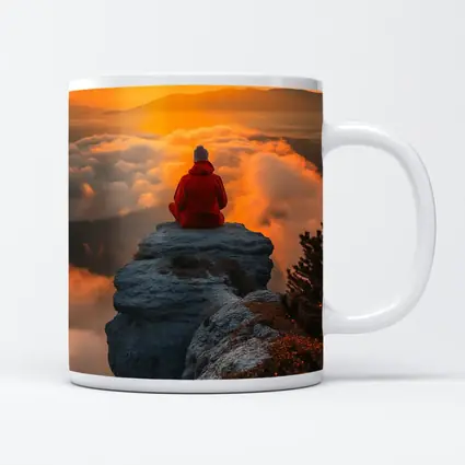 Meditating Person On Rocky Cliff Golden Sunset