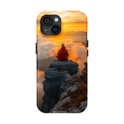 Meditating Person On Rocky Cliff Golden Sunset