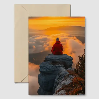 Meditating Person On Rocky Cliff Golden Sunset