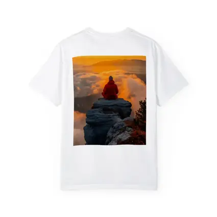Meditating Person On Rocky Cliff Golden Sunset