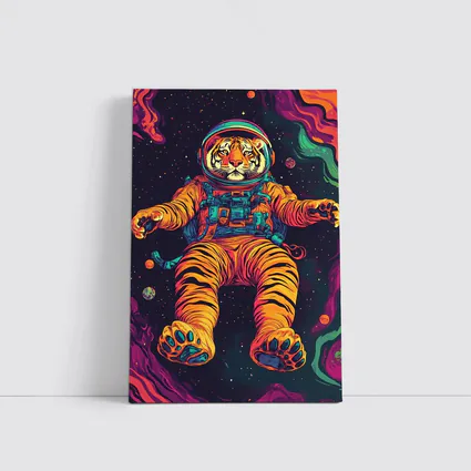 Tiger Astronaut Floating in Colorful Space