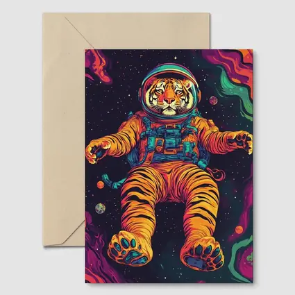 Tiger Astronaut Floating in Colorful Space