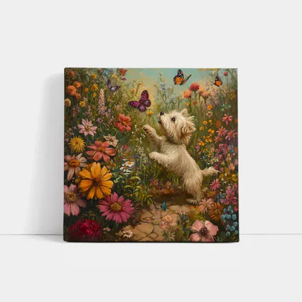 West Highland Terrier Playing With Butterflies Flowers