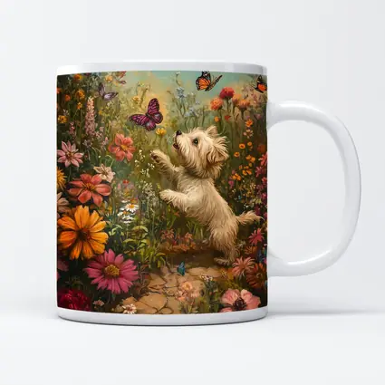 West Highland Terrier Playing With Butterflies Flowers