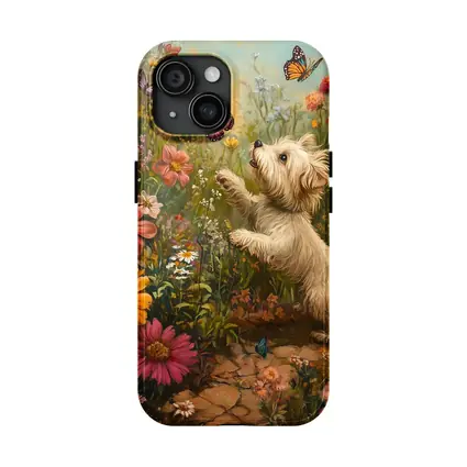 West Highland Terrier Playing With Butterflies Flowers