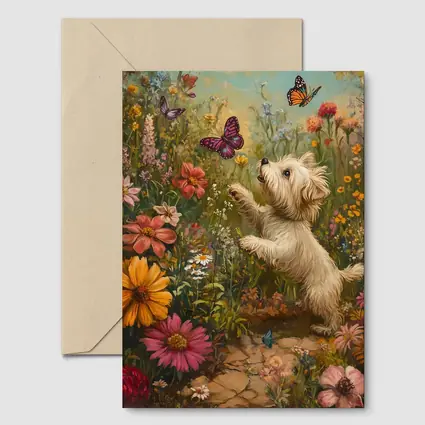 West Highland Terrier Playing With Butterflies Flowers