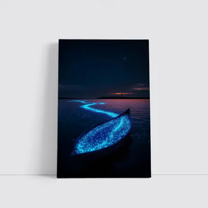 Glowing Bioluminescent Boat on Dark Night Lake