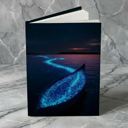 Glowing Bioluminescent Boat on Dark Night Lake