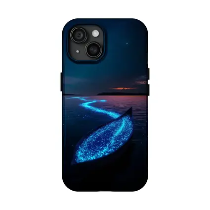 Glowing Bioluminescent Boat on Dark Night Lake