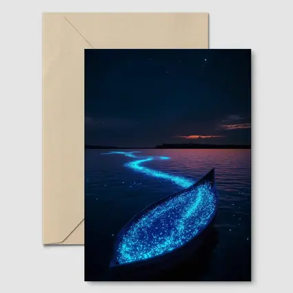 Glowing Bioluminescent Boat on Dark Night Lake