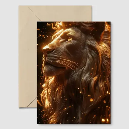Golden Lion Profile Glowing Sparks Dark Background