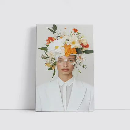 Woman White Suit Floral Crown Fashion Portrait