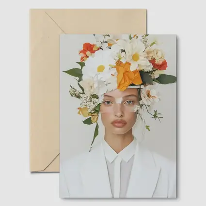 Woman White Suit Floral Crown Fashion Portrait
