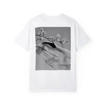 Hand Reaching Cherry Blossom Branch Black White