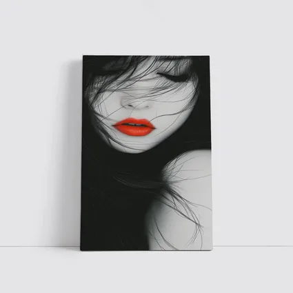 Woman Red Lips Black White Minimal Art