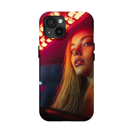 Young Woman Neon Red Light Night Scene