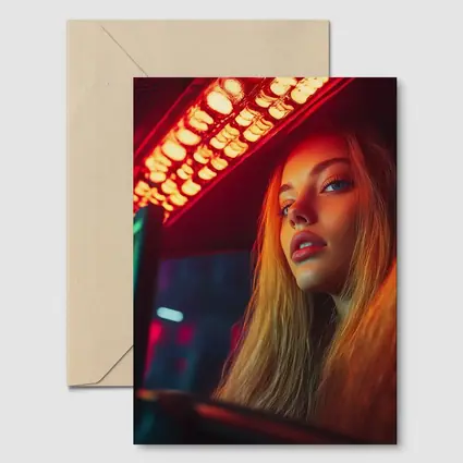 Young Woman Neon Red Light Night Scene