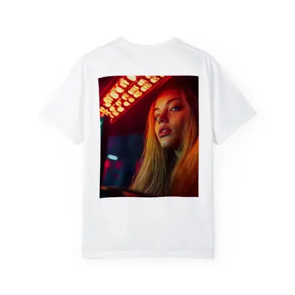 Young Woman Neon Red Light Night Scene