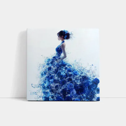 Woman Blue Rose Floral Dress White Background