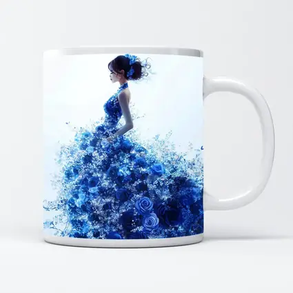 Woman Blue Rose Floral Dress White Background