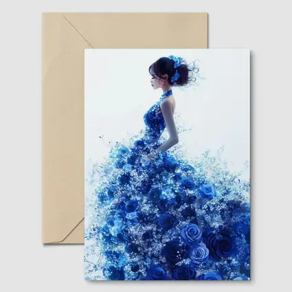 Woman Blue Rose Floral Dress White Background