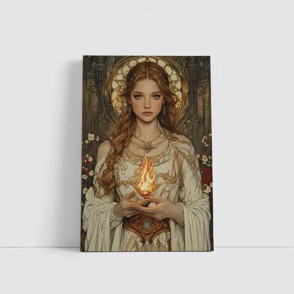 Art Nouveau Girl Holding Sacred Flame Floral
