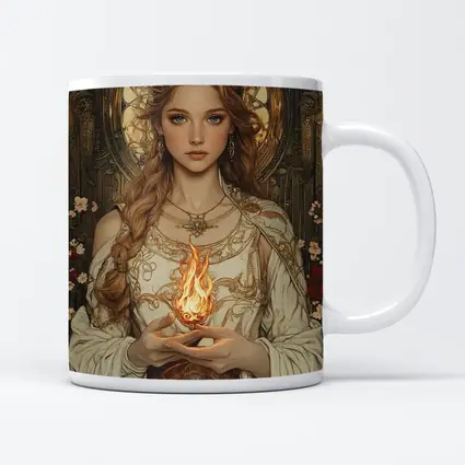 Art Nouveau Girl Holding Sacred Flame Floral