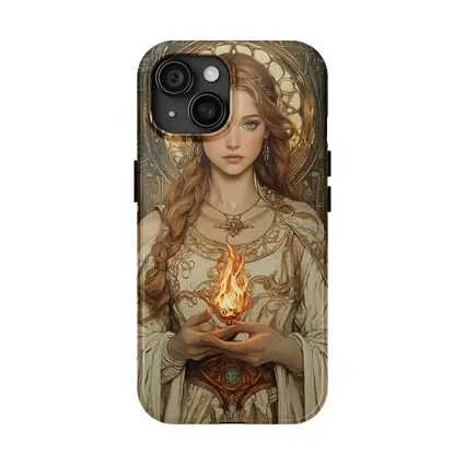 Art Nouveau Girl Holding Sacred Flame Floral