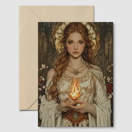 Art Nouveau Girl Holding Sacred Flame Floral