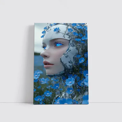 Cyberpunk Robot Woman Blue Flower Field