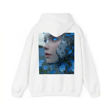 Cyberpunk Robot Woman Blue Flower Field