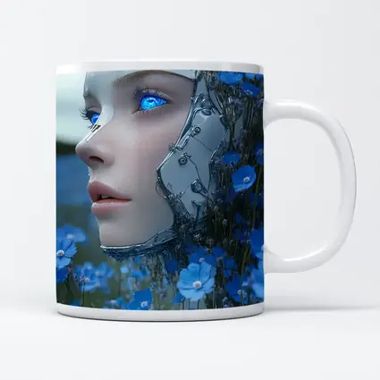 Cyberpunk Robot Woman Blue Flower Field