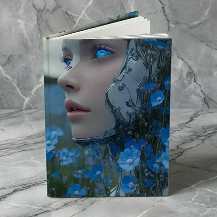 Cyberpunk Robot Woman Blue Flower Field
