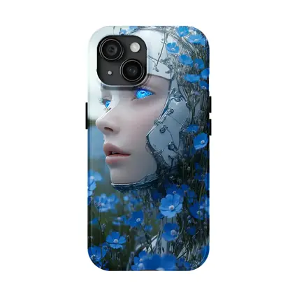 Cyberpunk Robot Woman Blue Flower Field