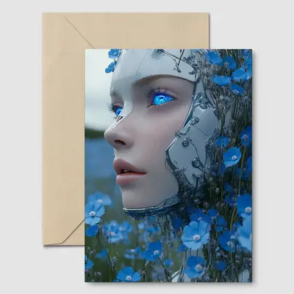 Cyberpunk Robot Woman Blue Flower Field