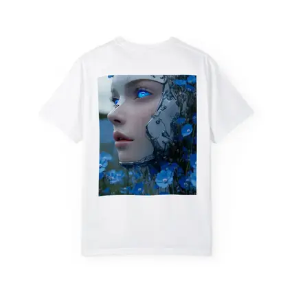 Cyberpunk Robot Woman Blue Flower Field