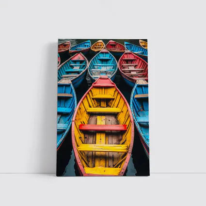 Colorful Wooden Rowing Boats on Water