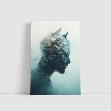 Cat Woman Double Exposure Misty Blue Art