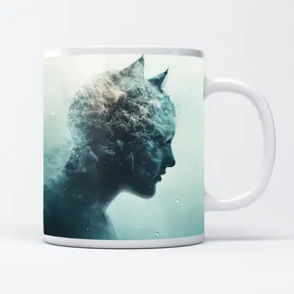 Cat Woman Double Exposure Misty Blue Art