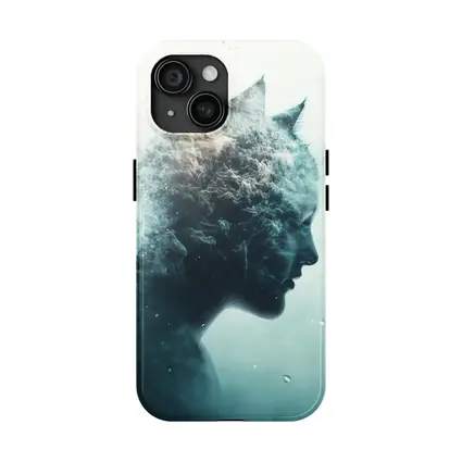 Cat Woman Double Exposure Misty Blue Art